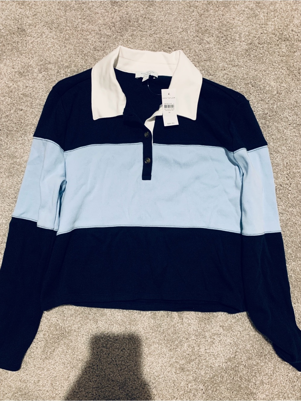 Ann Taylor Striped Long-Sleeve Rugby Polo Top - Light Blue & Navy Medium